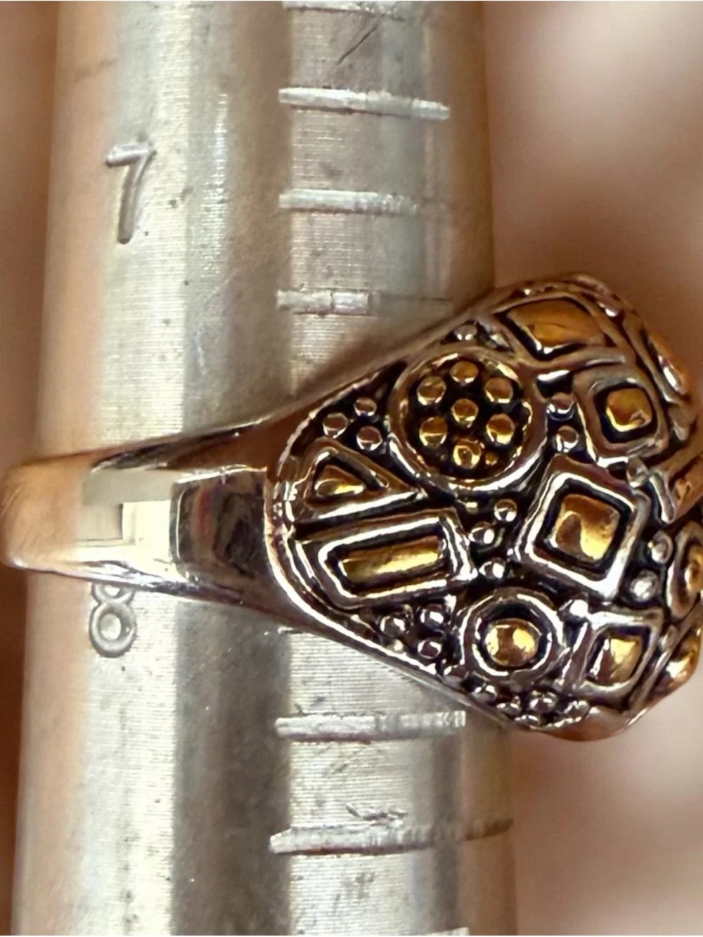 Boho Two-Tone Wide Band Cocktail Ring Geometric Mosaic Design